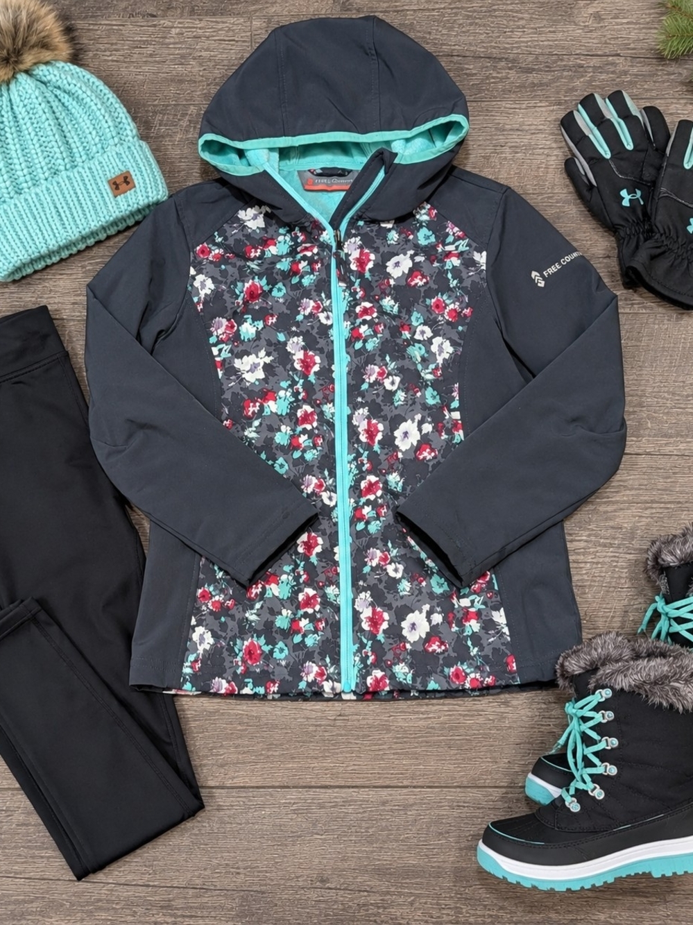 Free Country Girls' Gray Floral Hooded Jacket with Aqua Trim
